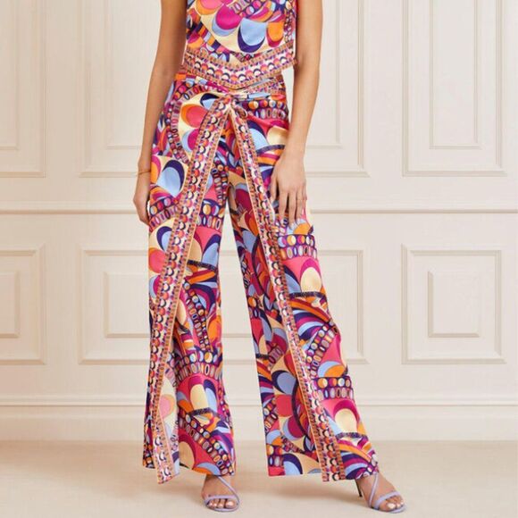 MARCIANO X Guess Collab Silky Wide Leg Wrap Pants Gypset Flowy Tulum Sz 2 - Picture 1 of 13